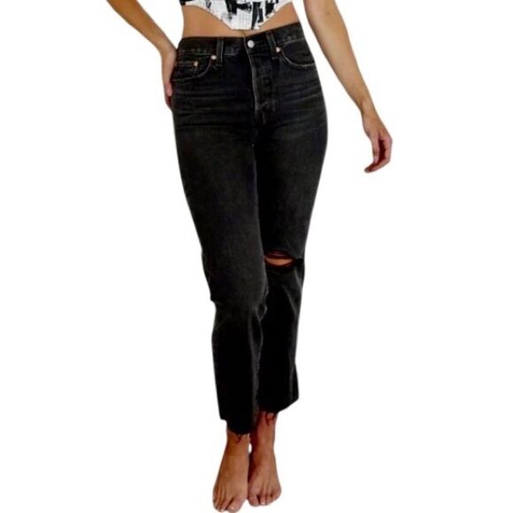 Levi’s Wedgie Straight Ankle Jeans in Distressed Dark Black Women’s 27 - Picture 8 of 15